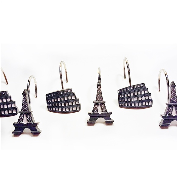 Paris Stamps Bath Paris Eiffel Tower Shower Curtain Hooks Parisian French Decor Set Of 2